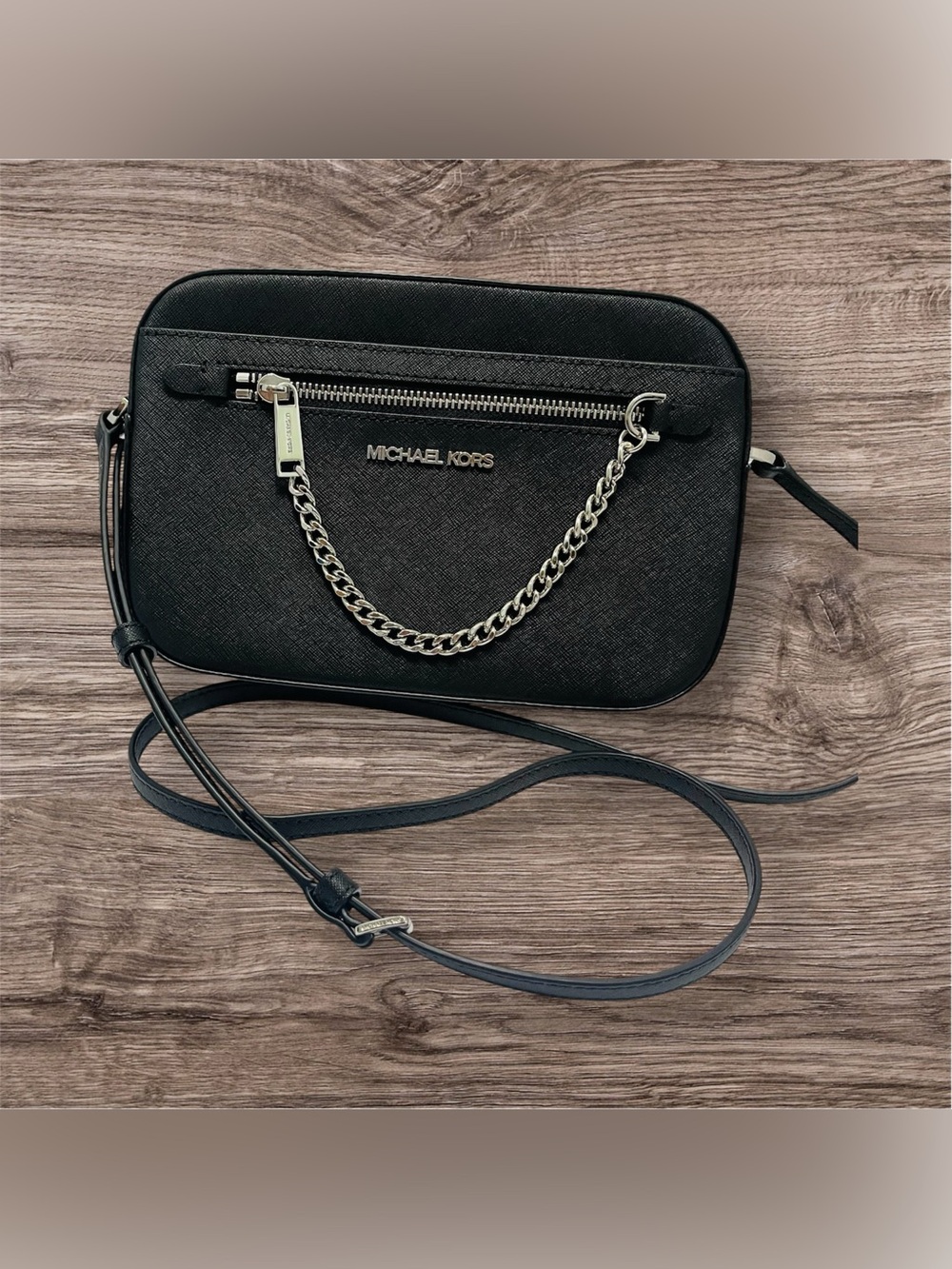 MICHAEL KORS Black Saffiano Crossbody with Silver Chain